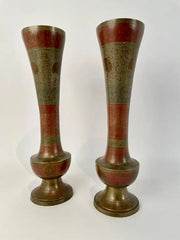 Pair Anglo Indian Etched Colored Brass Vases with Peacocks