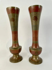 Pair Anglo Indian Etched Colored Brass Vases with Peacocks