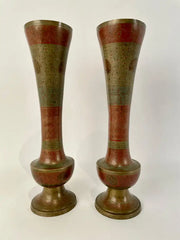 Pair Anglo Indian Etched Colored Brass Vases with Peacocks