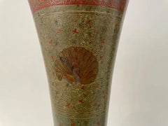 Pair Anglo Indian Etched Colored Brass Vases with Peacocks