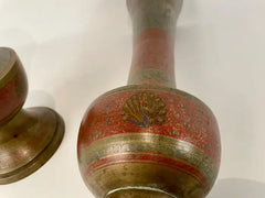 Pair Anglo Indian Etched Colored Brass Vases with Peacocks