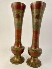 Pair Anglo Indian Etched Colored Brass Vases with Peacocks