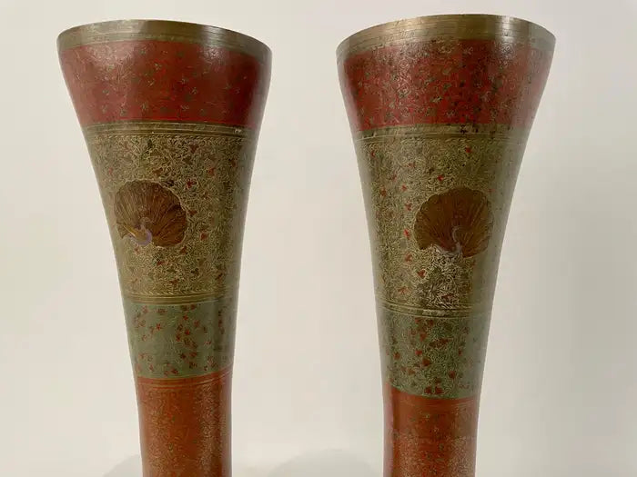 Pair Anglo Indian Etched Colored Brass Vases with Peacocks – Avery