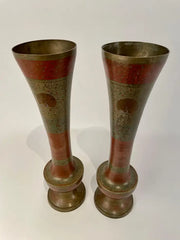 Pair Anglo Indian Etched Colored Brass Vases with Peacocks