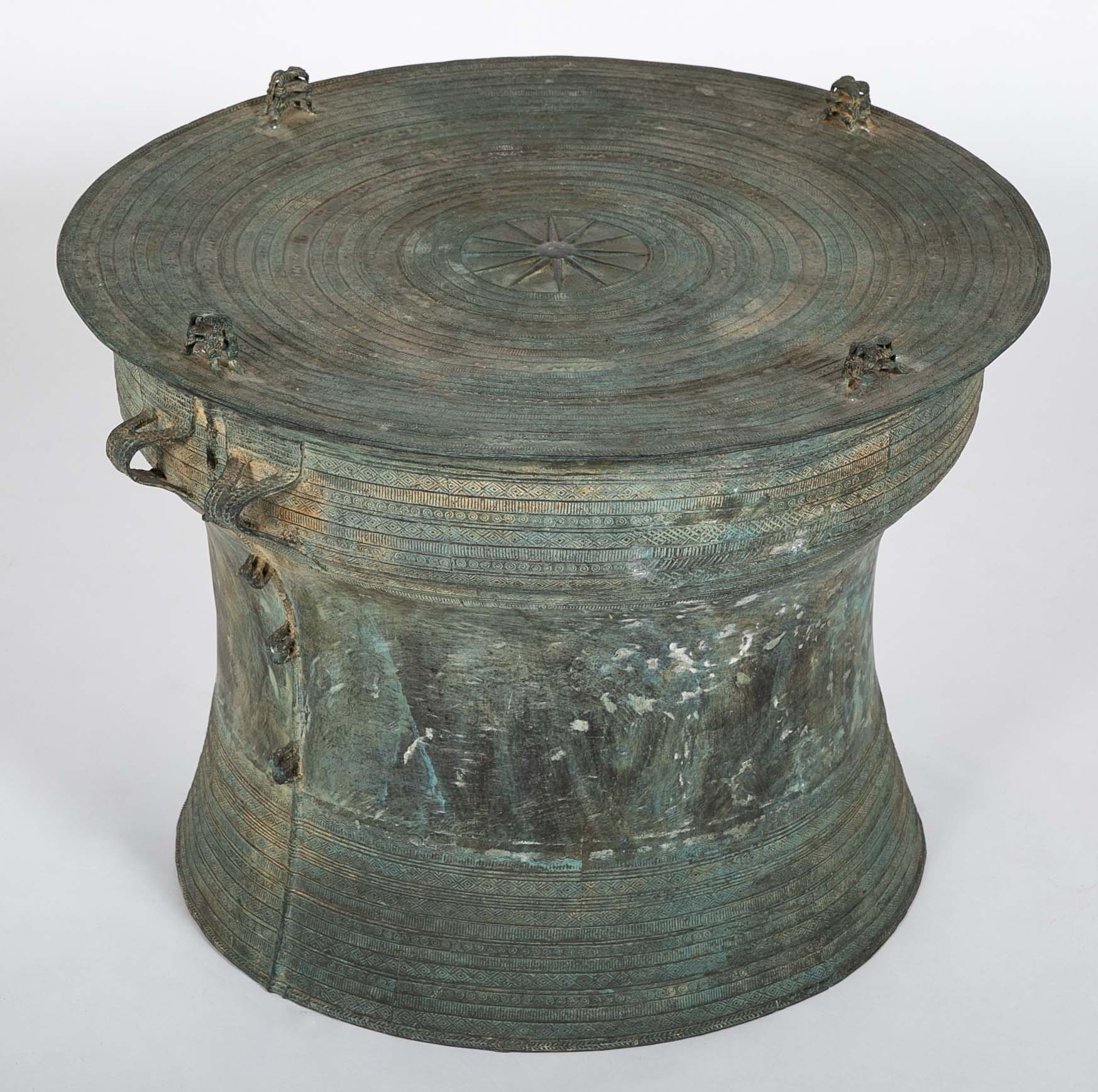 A Burmese Bronze Rain Drum with Verdigris Patina