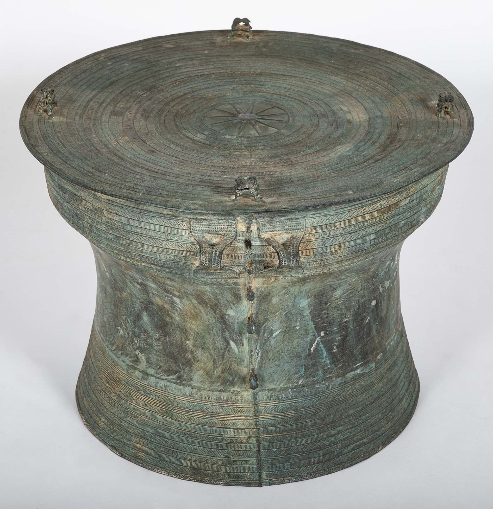 A Burmese Bronze Rain Drum with Verdigris Patina