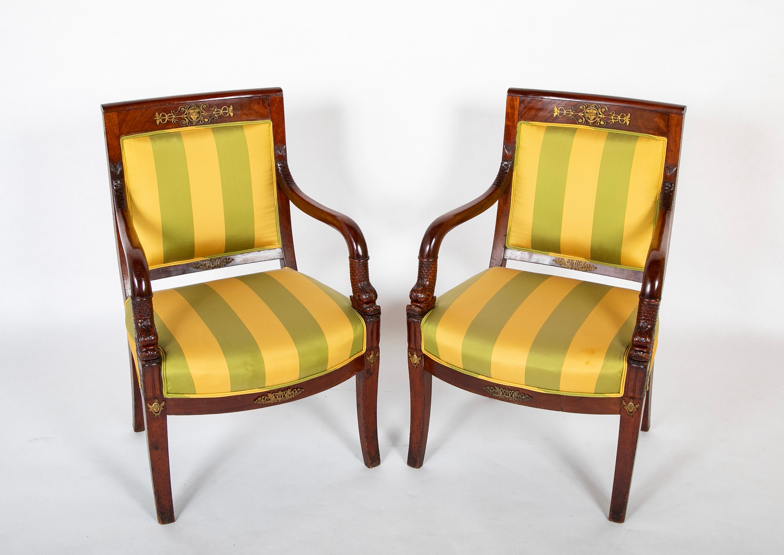 Pair 19th Century French Mahogany Empire Upholstered Armchairs With Bronze Mounts
