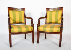 Pair 19th Century French Mahogany Empire Upholstered Armchairs With Bronze Mounts