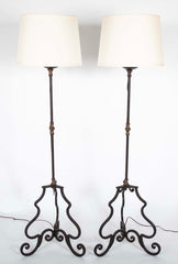 Pair Italian Baroque Style Wrought Iron and Bronze Torchere Floor Lamps