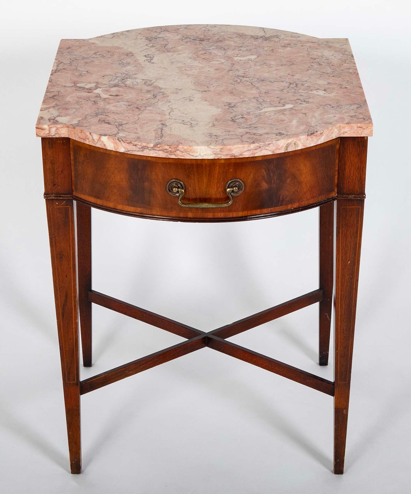 Pair Marble Topped Side Tables With Mahogany Veneer Satinwood Inlay, Weiman USA