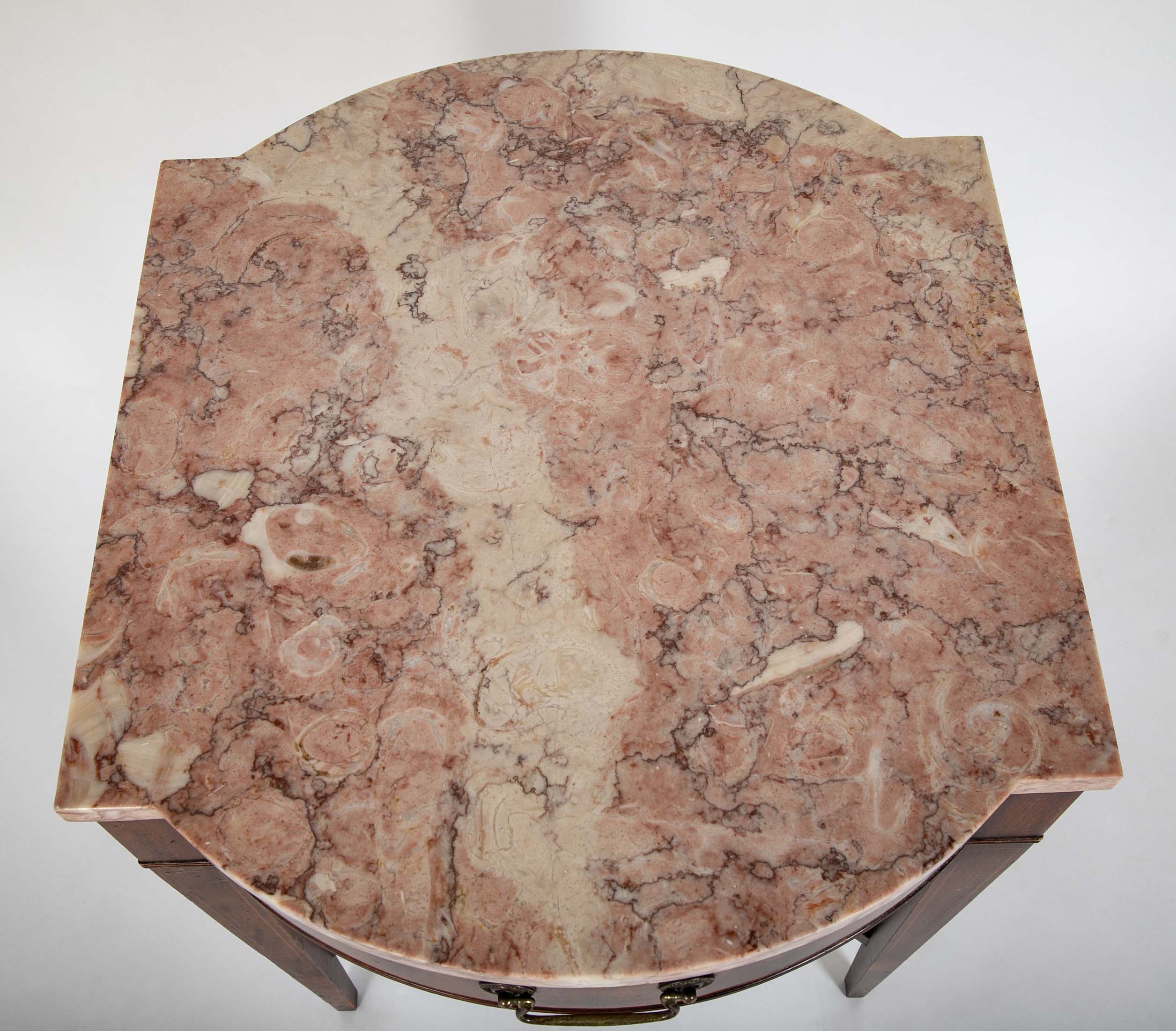 Pair Marble Topped Side Tables With Mahogany Veneer Satinwood Inlay, Weiman USA