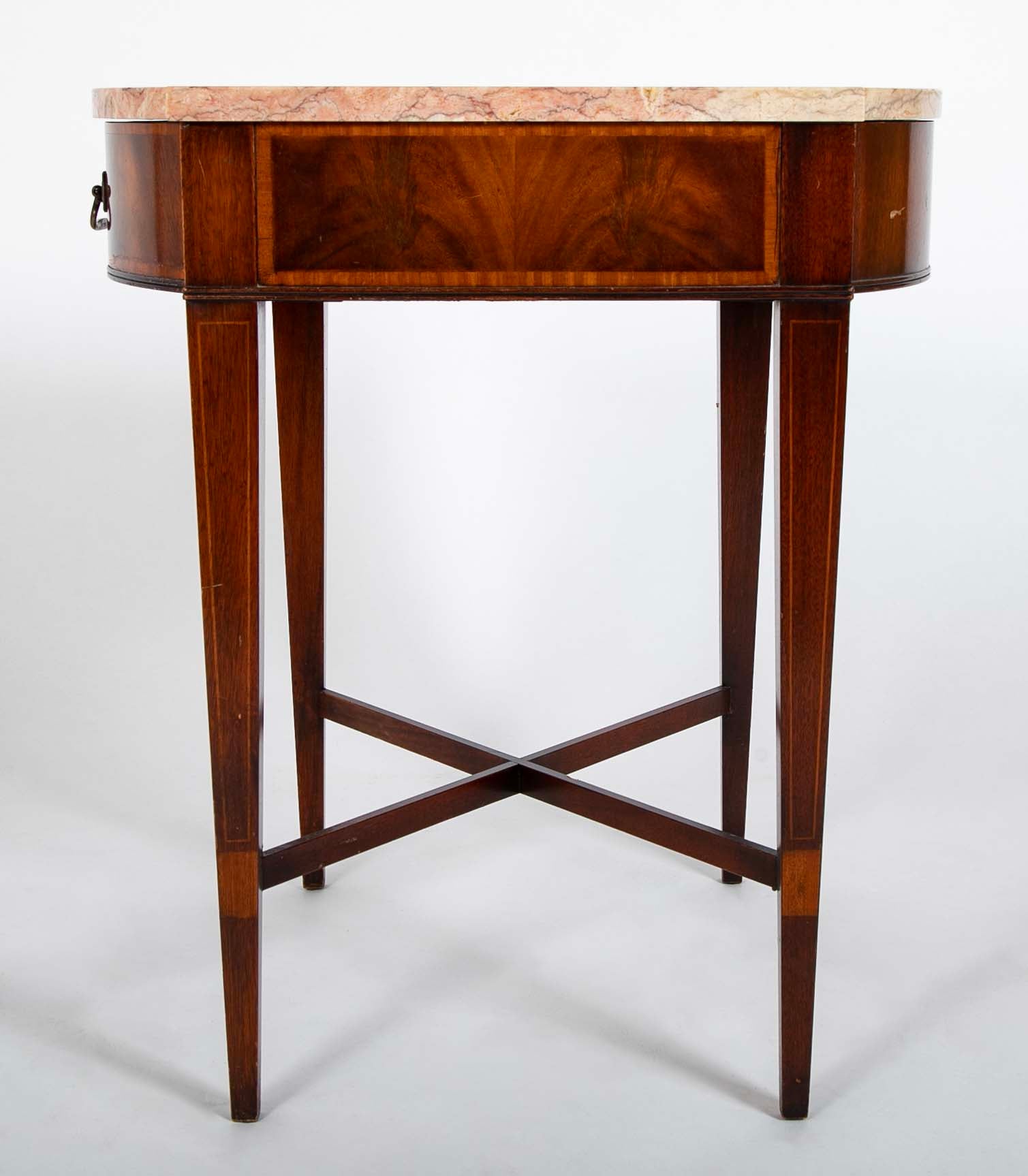Pair Marble Topped Side Tables With Mahogany Veneer Satinwood Inlay, Weiman USA
