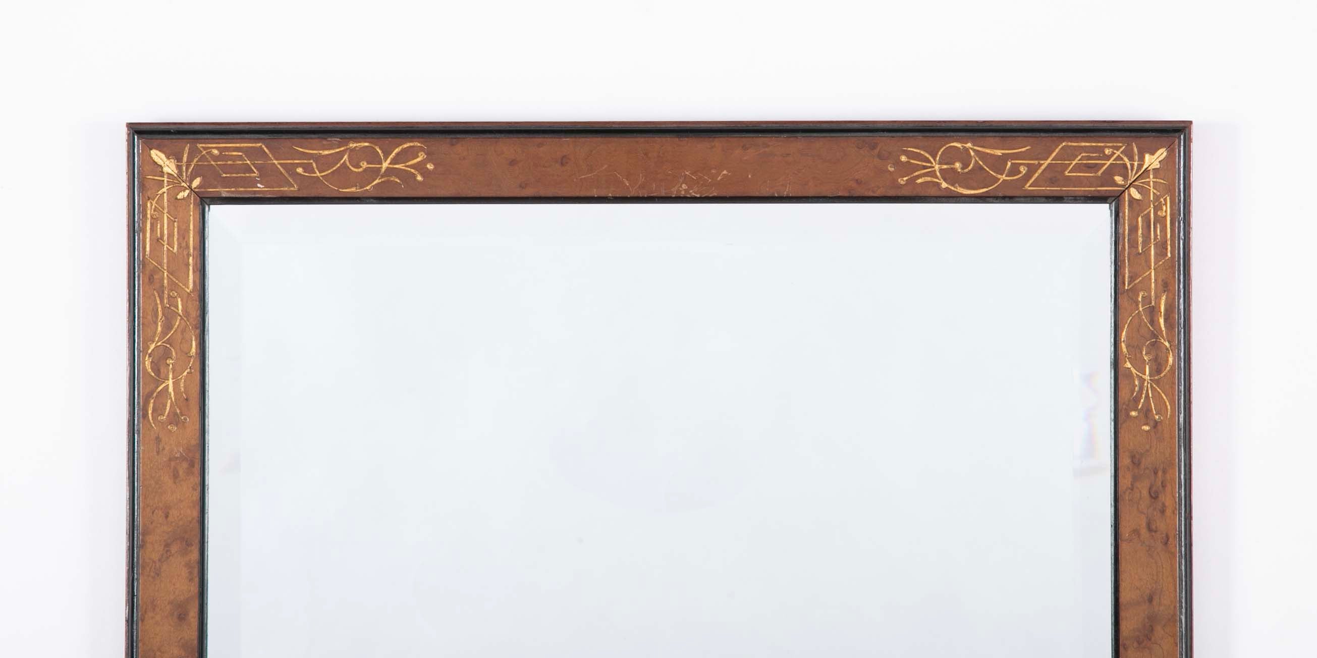 Pair of Burlwood Framed Mirror with Ebonized Borders and Incised Gilt Decorations