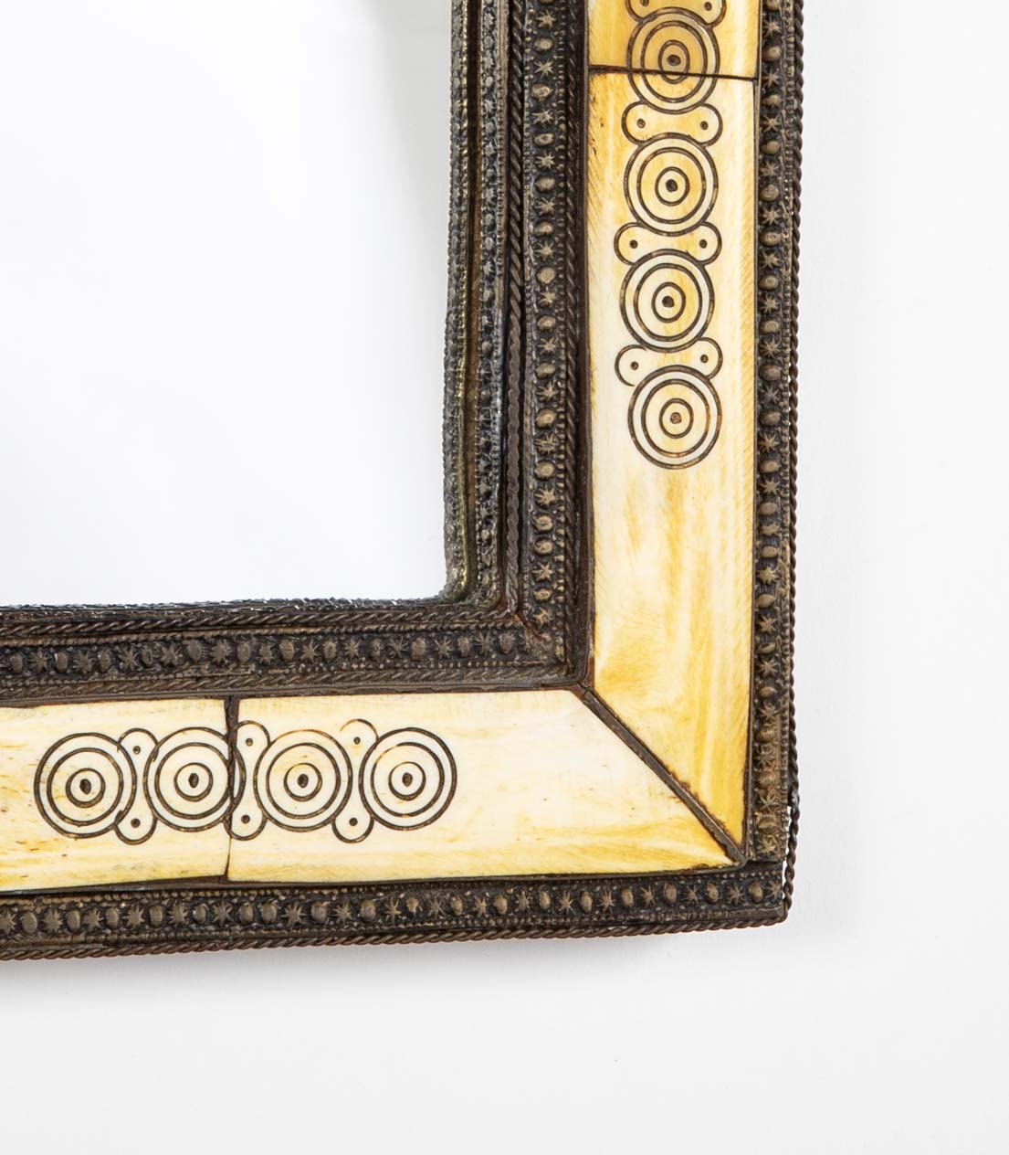 Early 20th Century Moorish Style Moroccan Incised Bone Mirror with Brass Border