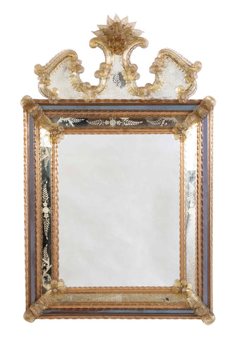 Venetian Murano Hand Blown Glass Wall Mirror with Etched Decoration