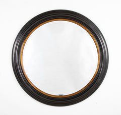 Large Scale Regency Black Lacquer and Gilt Round Mirror with Beveled Glass