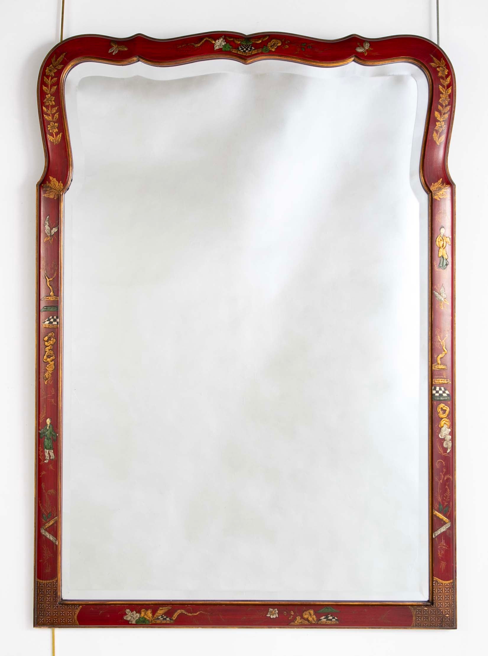 Queen Anne Style Chinoiserie Red Lacquer and Gilt Mirror with Beveled Glass