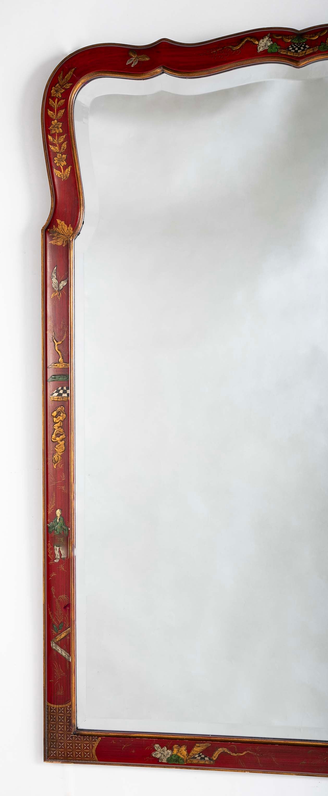 Queen Anne Style Chinoiserie Red Lacquer and Gilt Mirror with Beveled Glass
