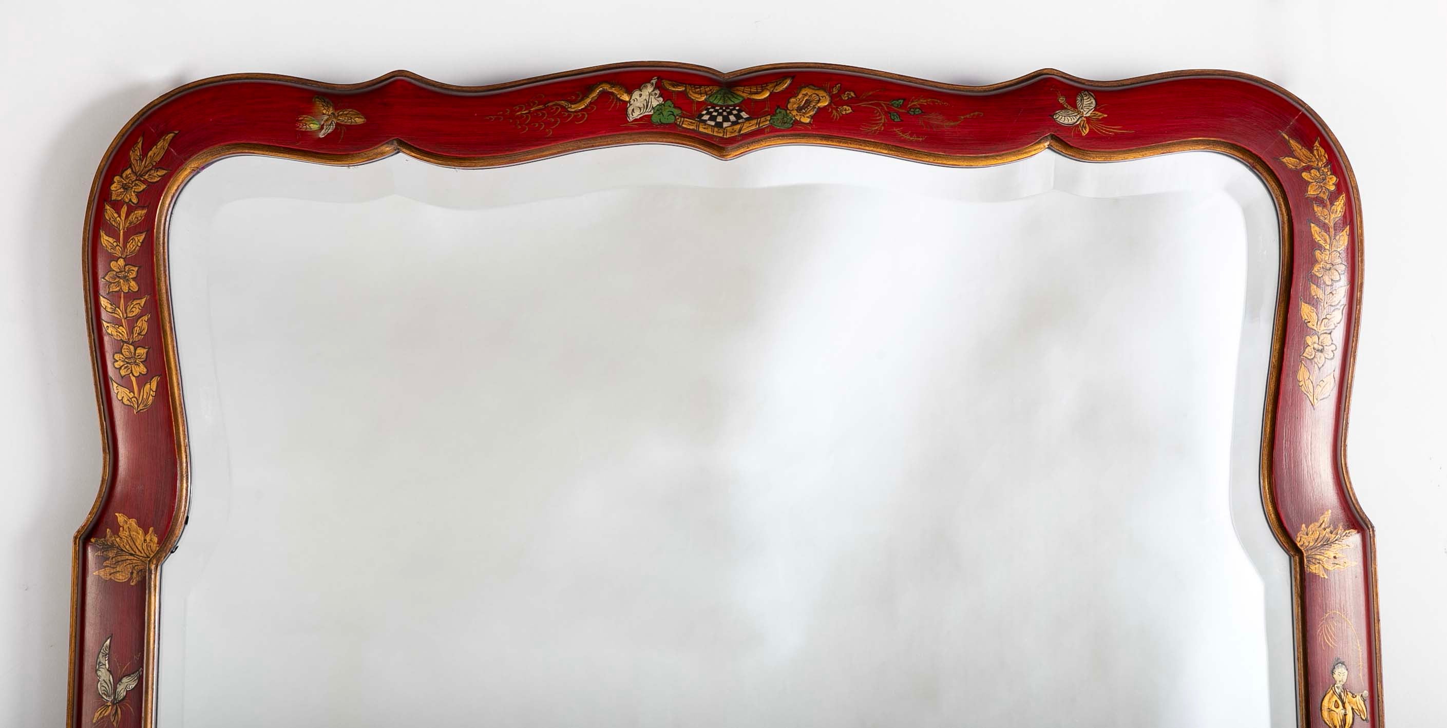 Queen Anne Style Chinoiserie Red Lacquer and Gilt Mirror with Beveled Glass