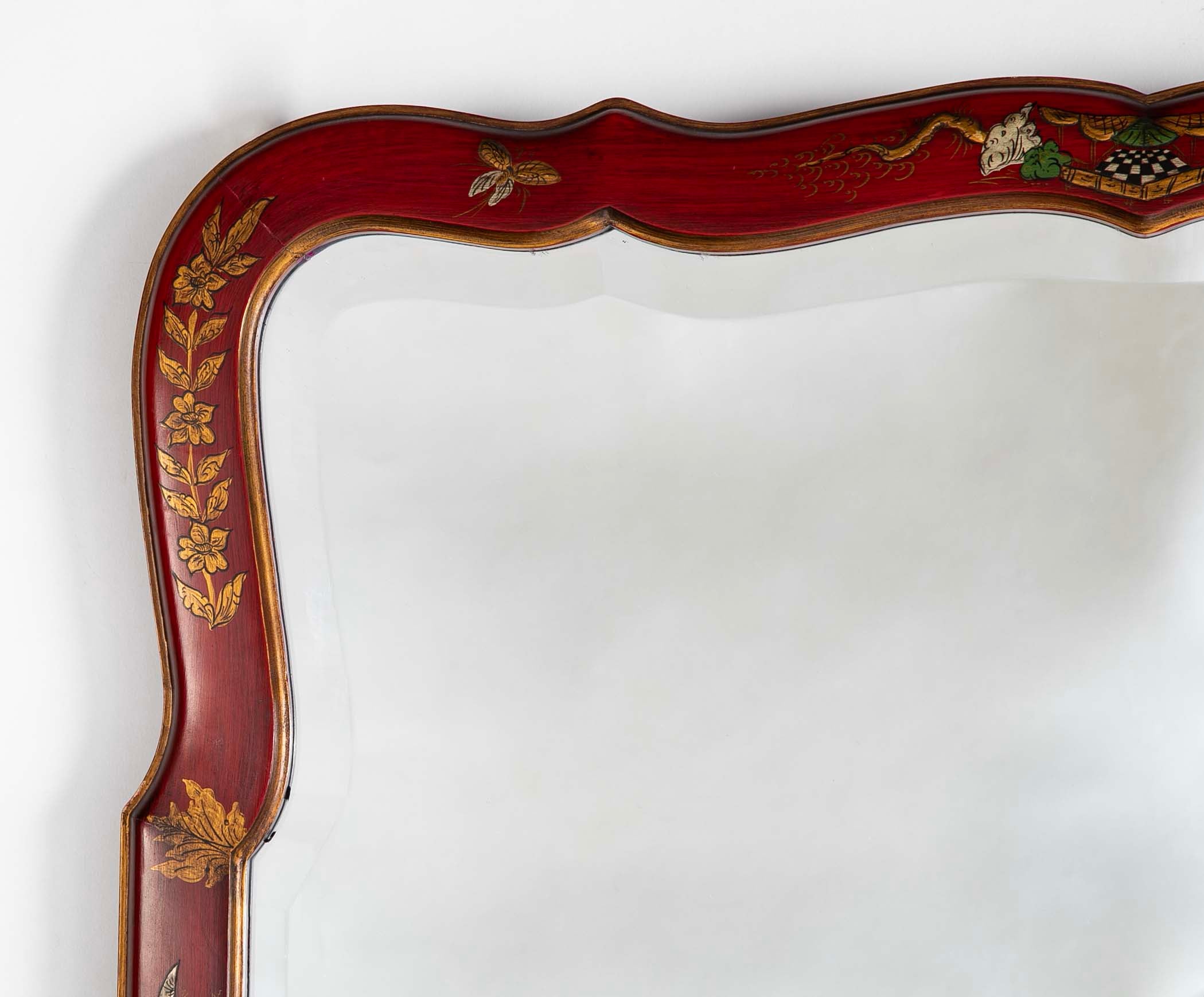 Queen Anne Style Chinoiserie Red Lacquer and Gilt Mirror with Beveled Glass