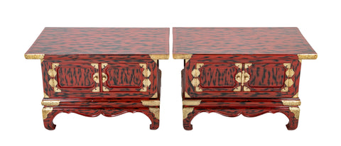 Pair Japanese Red and Black Lacquer Side Tables With Etched Brass Mounts