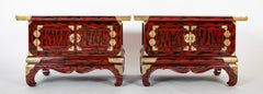 Pair Japanese Red and Black Lacquer Side Tables With Etched Brass Mounts