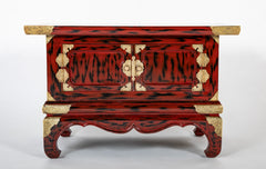 Pair Japanese Red and Black Lacquer Side Tables With Etched Brass Mounts