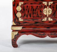 Pair Japanese Red and Black Lacquer Side Tables With Etched Brass Mounts