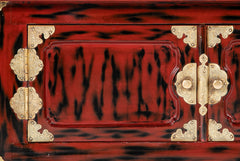 Pair Japanese Red and Black Lacquer Side Tables With Etched Brass Mounts