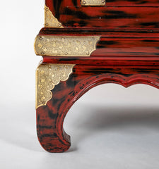 Pair Japanese Red and Black Lacquer Side Tables With Etched Brass Mounts