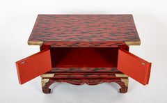 Pair Japanese Red and Black Lacquer Side Tables With Etched Brass Mounts