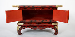 Pair Japanese Red and Black Lacquer Side Tables With Etched Brass Mounts