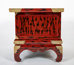 Pair Japanese Red and Black Lacquer Side Tables With Etched Brass Mounts