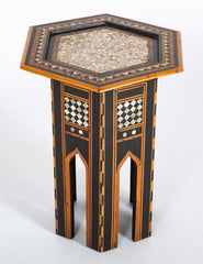 Moroccan Hexagonal Table with Mother-of-Pearl, Ebony and Fruitwood Inlay