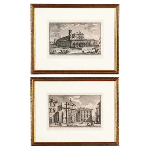 Pair 18th Century Framed Italian Etchings of Churches in Rome by Guiseppe Vasi