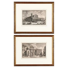 Pair 18th Century Framed Italian Etchings of Churches in Rome by Guiseppe Vasi