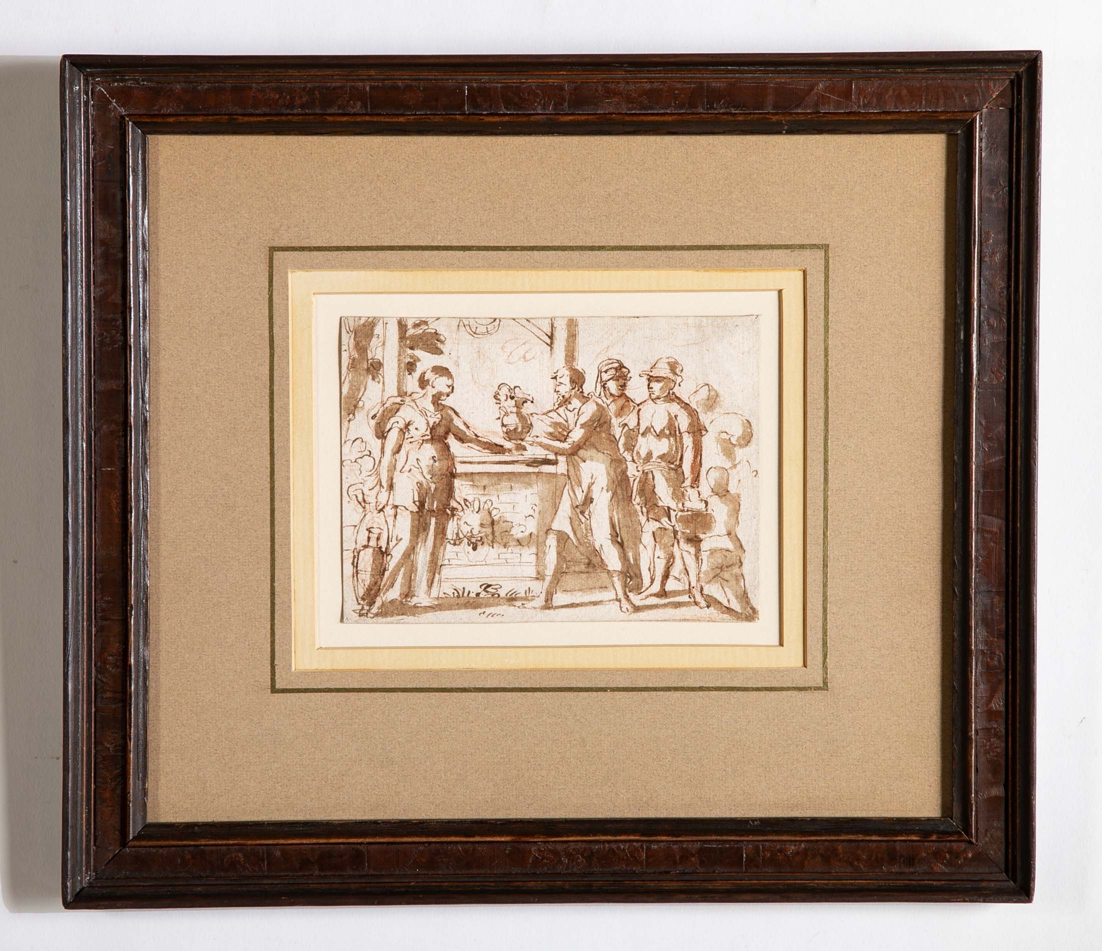17th Century Italian Baroque Drawing of Rebecca at the Well, Framed Ink Wash