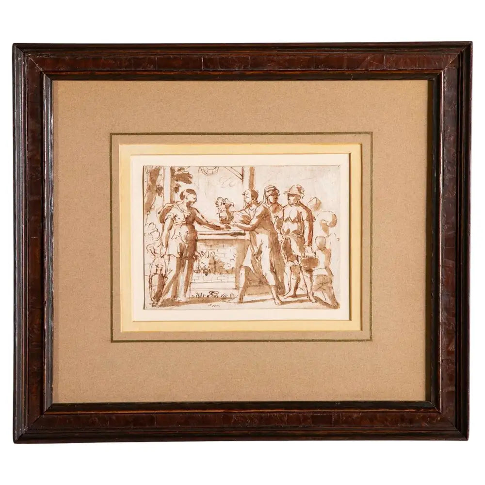 17th Century Italian Baroque Drawing of Rebecca at the Well, Framed Ink Wash