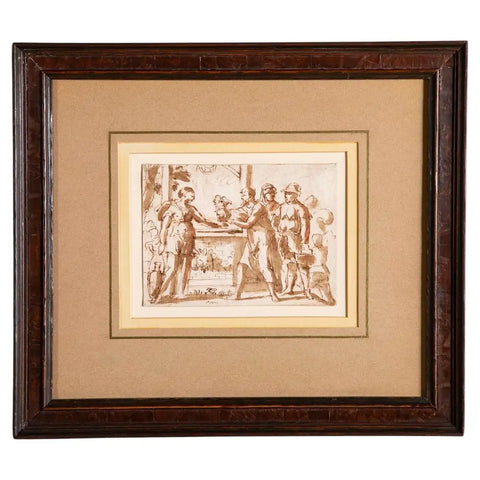 17th Century Italian Baroque Drawing of Rebecca at the Well, Framed Ink Wash