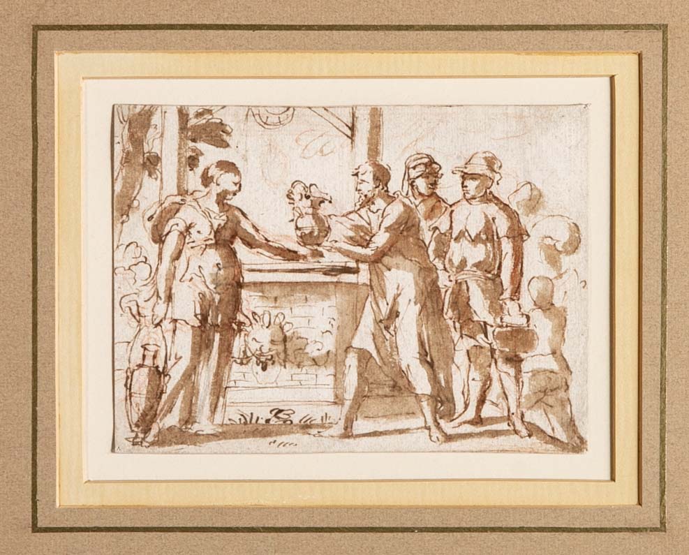 17th Century Italian Baroque Drawing of Rebecca at the Well, Framed Ink Wash