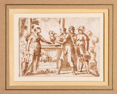 17th Century Italian Baroque Drawing of Rebecca at the Well, Framed Ink Wash