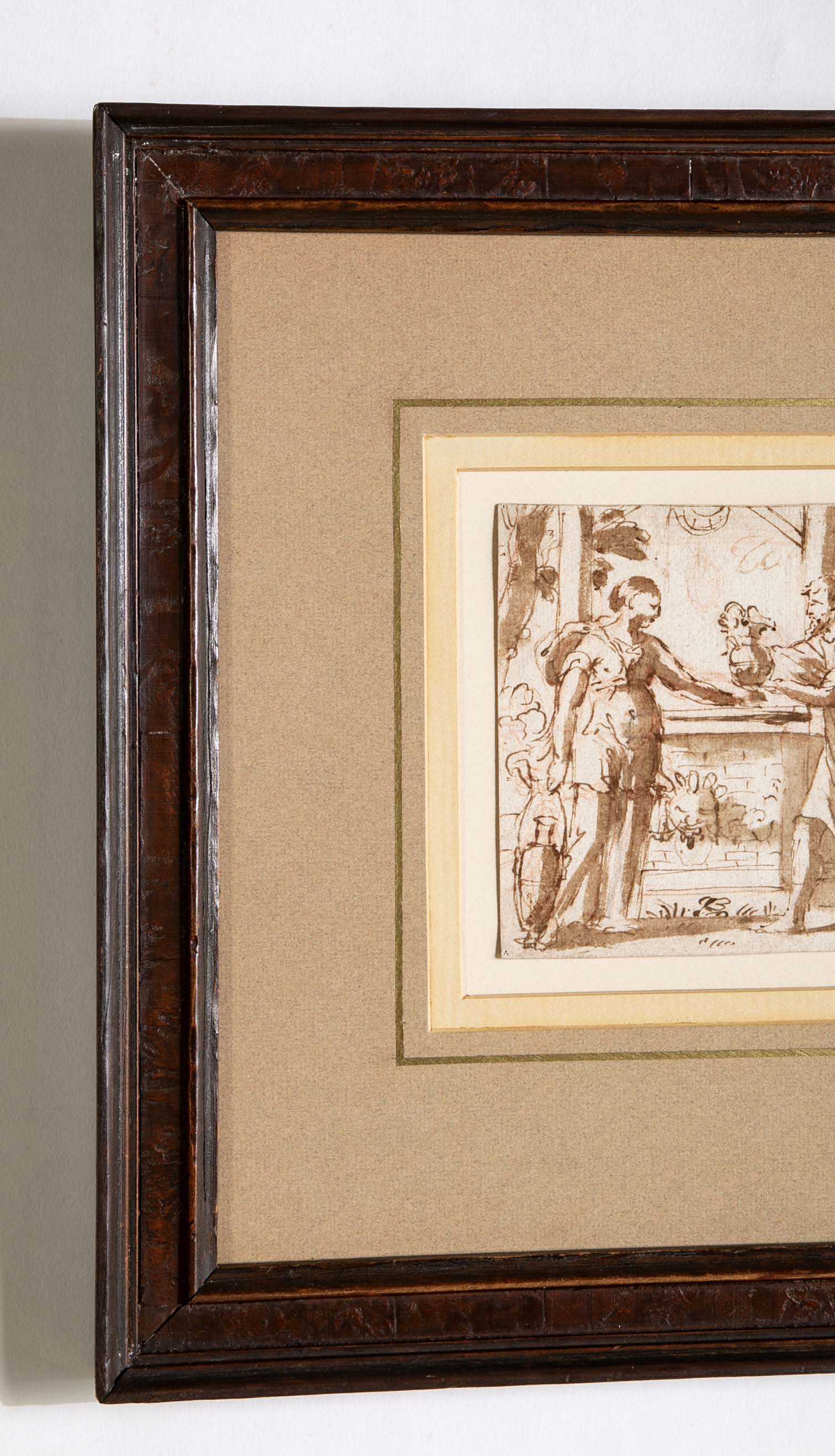 17th Century Italian Baroque Drawing of Rebecca at the Well, Framed Ink Wash