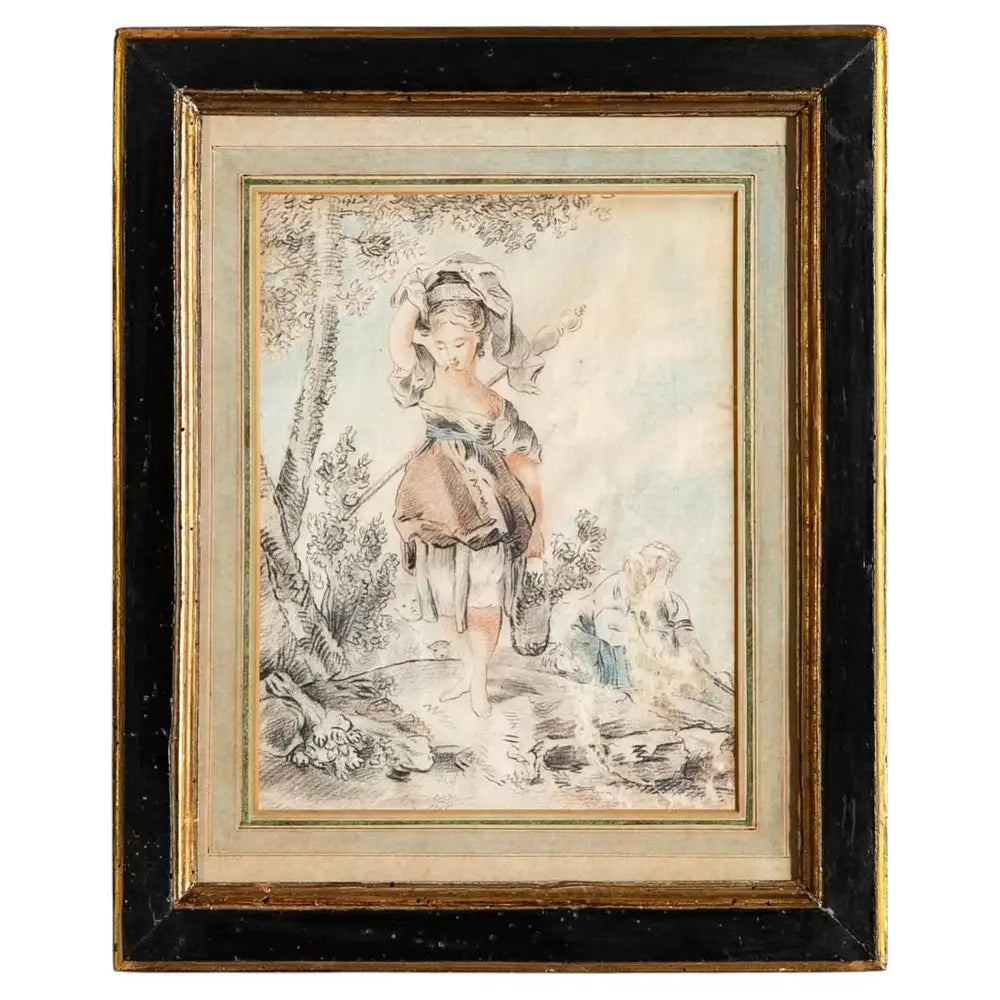 18th Century French Crayon Drawing in Period Ebonized and Gilt Wood Frame