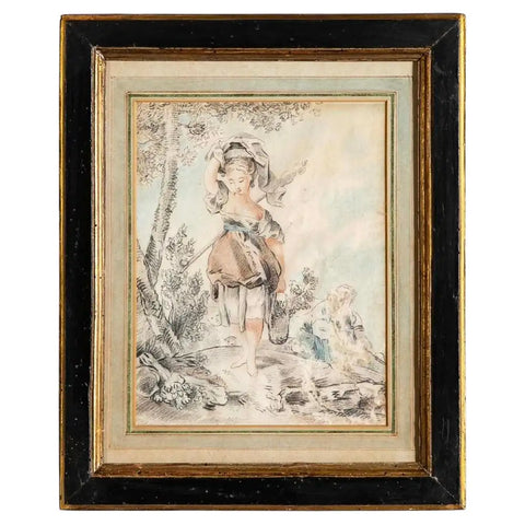 18th Century French Crayon Drawing in Period Ebonized and Gilt Wood Frame