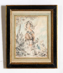 18th Century French Crayon Drawing in Period Ebonized and Gilt Wood Frame