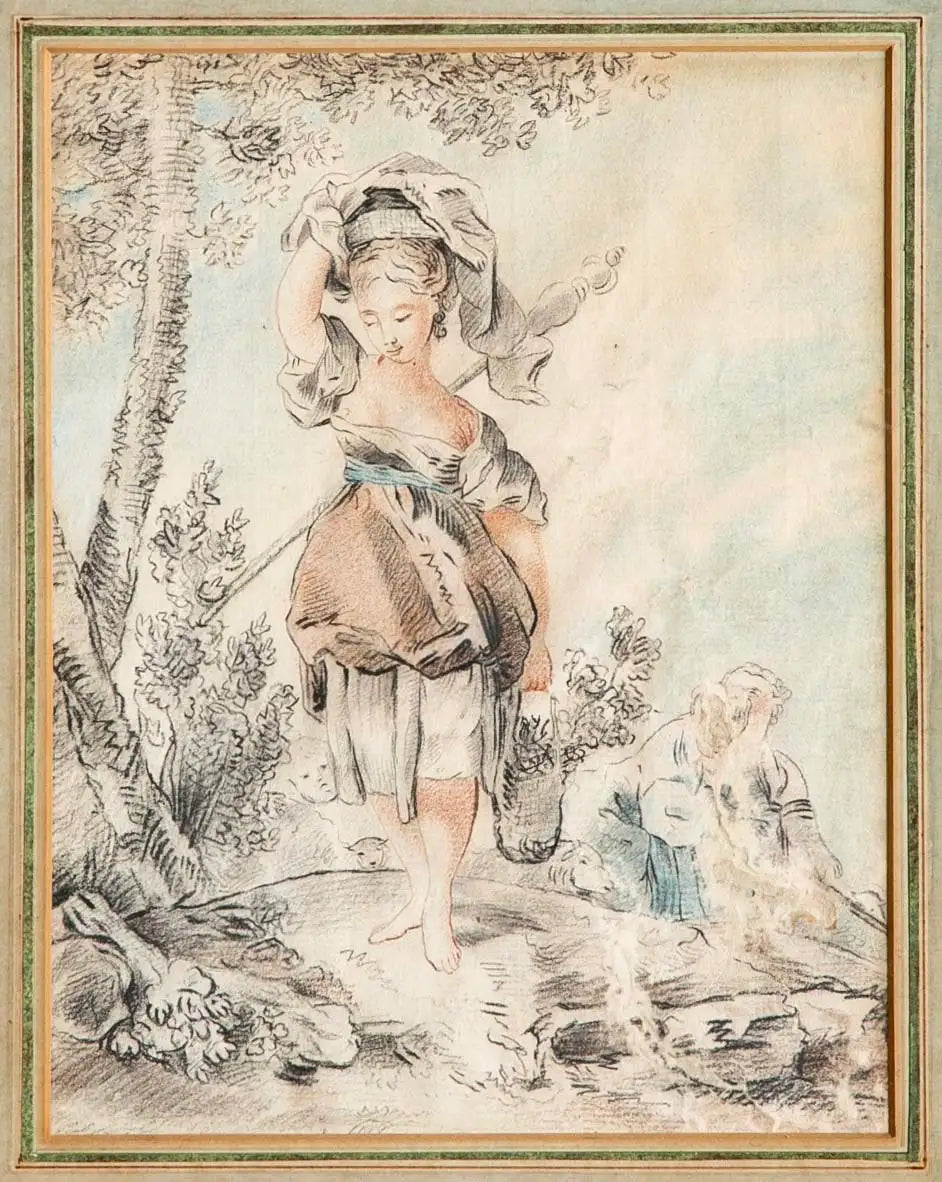 18th Century French Crayon Drawing in Period Ebonized and Gilt Wood Frame