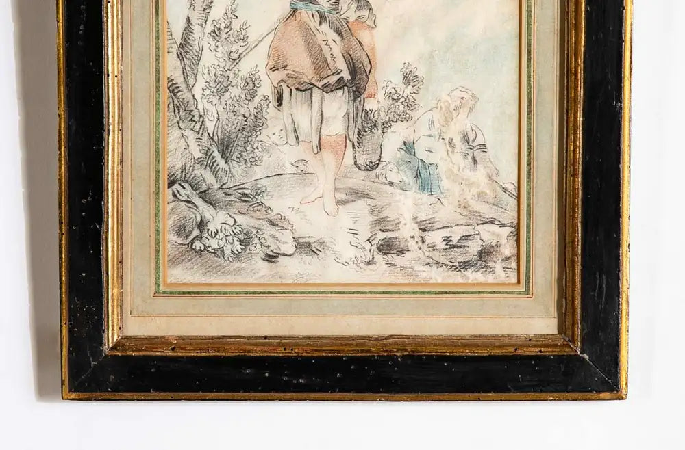 18th Century French Crayon Drawing in Period Ebonized and Gilt Wood Frame