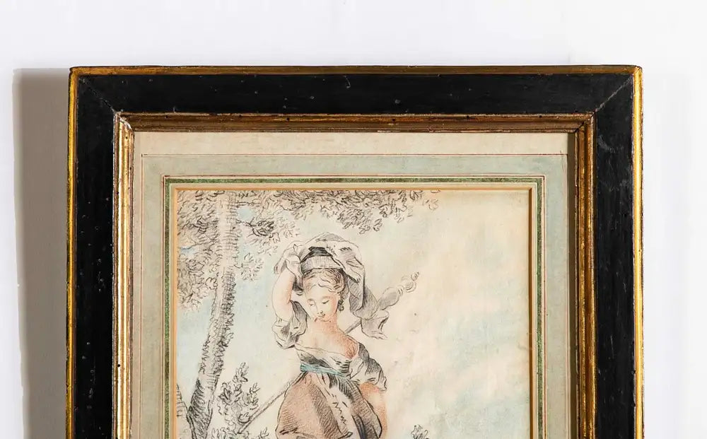 18th Century French Crayon Drawing in Period Ebonized and Gilt Wood Frame