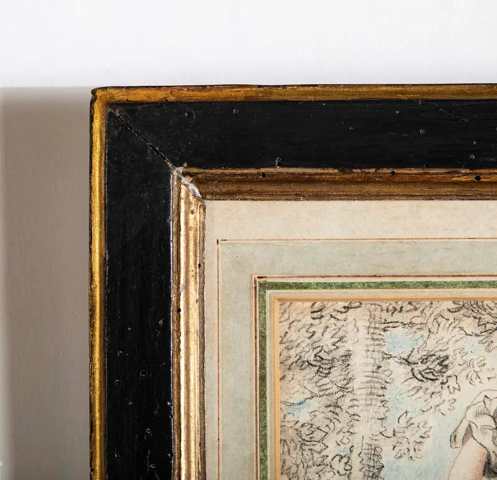 18th Century French Crayon Drawing in Period Ebonized and Gilt Wood Frame