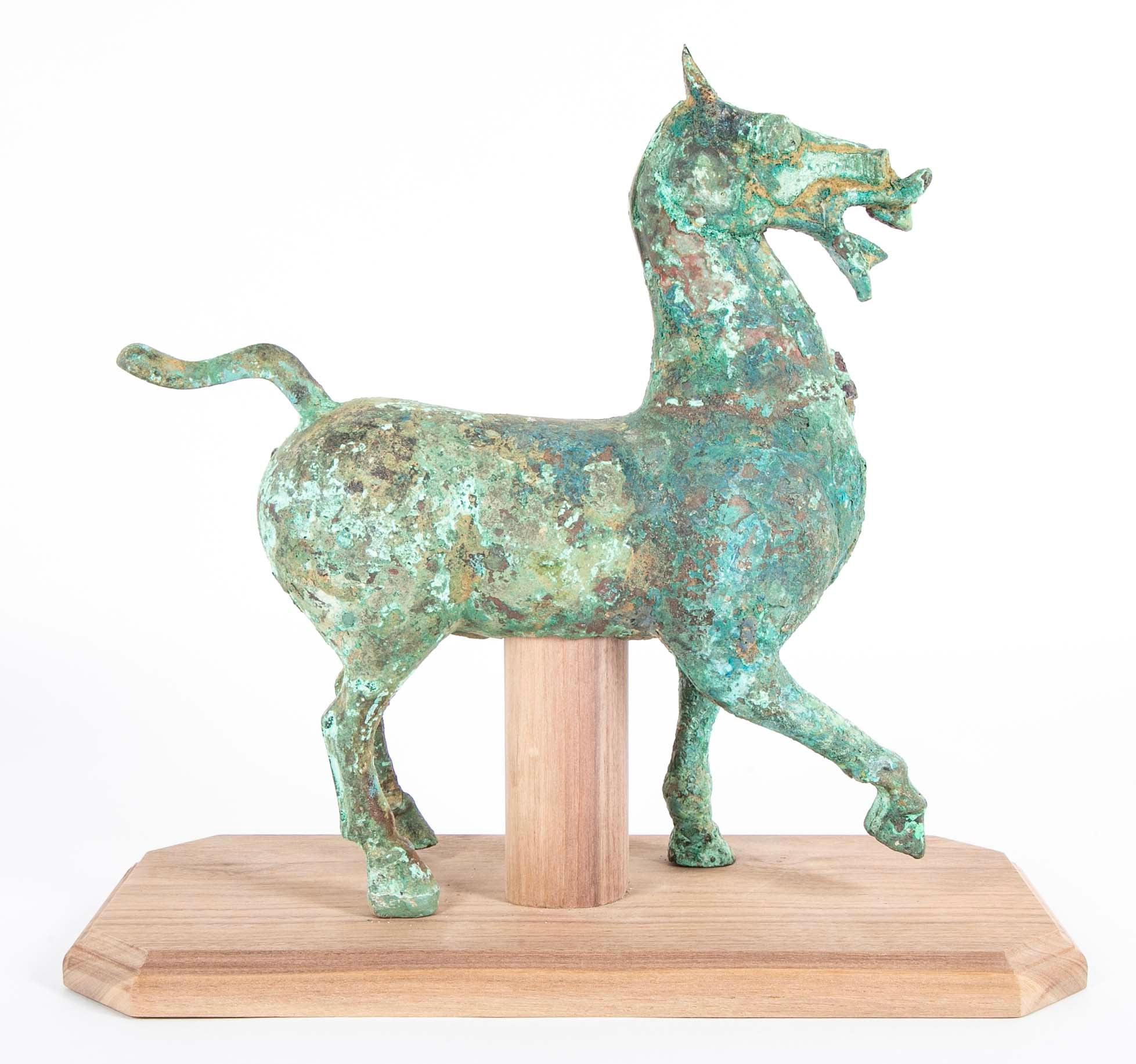 Chinese Han Style Bronze Prancing Horse on Custom Stand